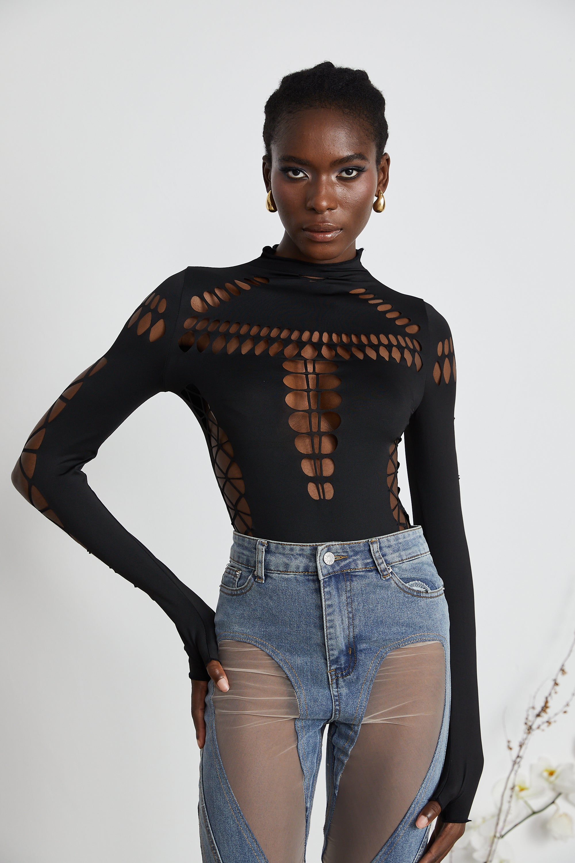 Dravielle long-sleeved cut-out bodysuit