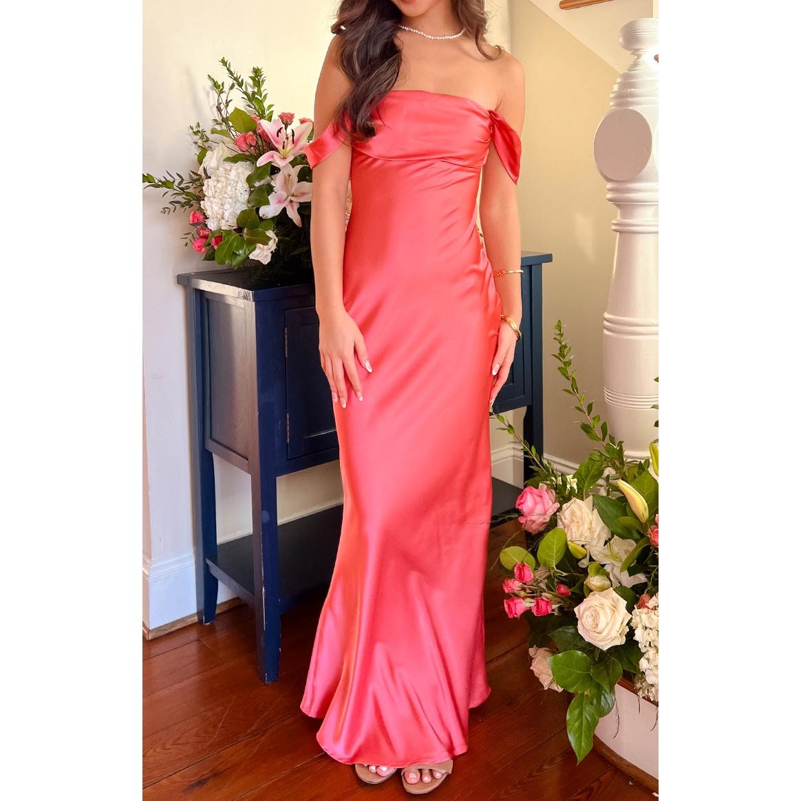 Zephora pink off shoulder formal dress