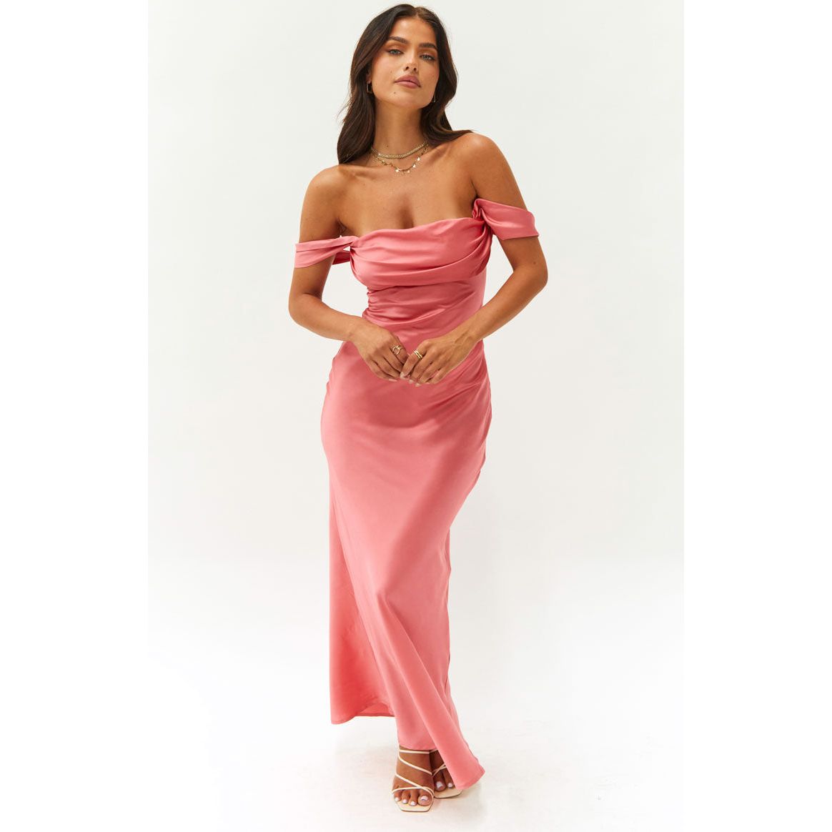 Zephora pink off shoulder formal dress