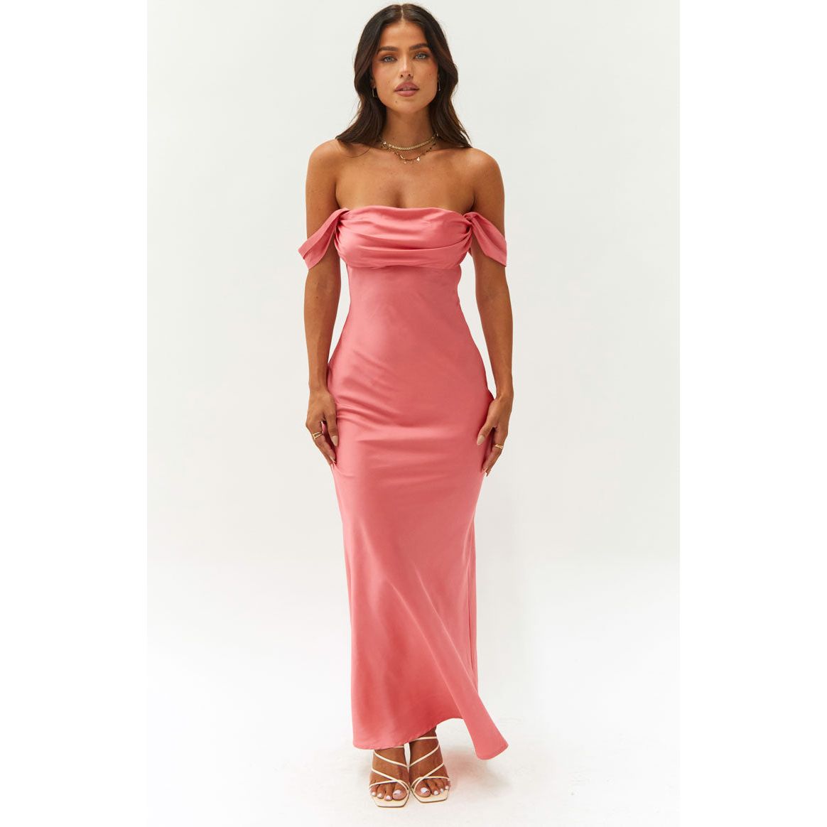 Zephora pink off shoulder formal dress